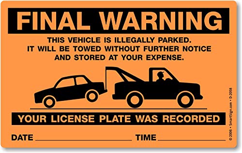 SmartSign Final Warning Parking Violation Stickers | Pack of 50 Stickers with Permanent Adhesive, 5 x 8 inch, Vehicle Illegally Parked Sticker, Hard to Remove Write-On Tickets, Fluorescent Orange