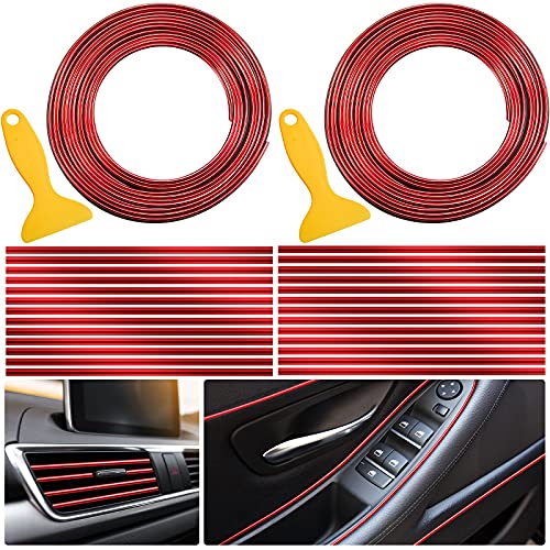 32 Feet Car Interior Moulding Trim and 20 Car Air Conditioner Vent Outlet Trim, Moulding Trim Strip Line Car Decorative Filler Insert Strip and DIY Auto Air Conditioner Strip with Scraper (Red)