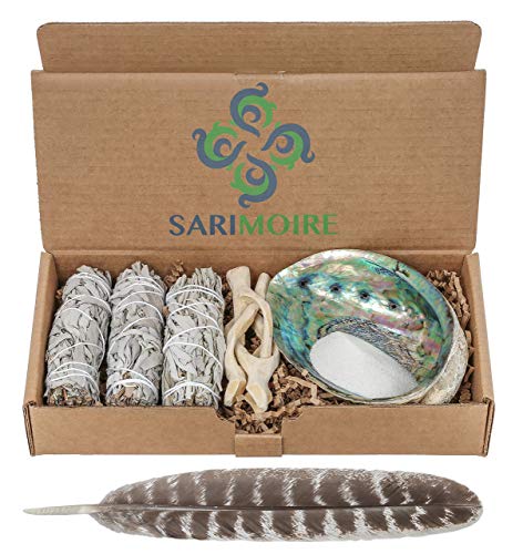 Sage Smudge Kit - White Sage Smudge Sticks - 4in ~ Abalone Shell 5-6in ~ 2in Tripod Stand ~ 9-12in Feather and White Sand
