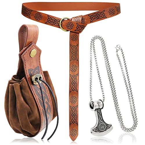 3 Pieces Medieval Viking Leather Belt, Retro Drawstring Belt Bag Pouch and Stainless Steel Chain Axe Necklace, Renaissance Knight Accessories Set for LARP Ren Faire Costume Brown