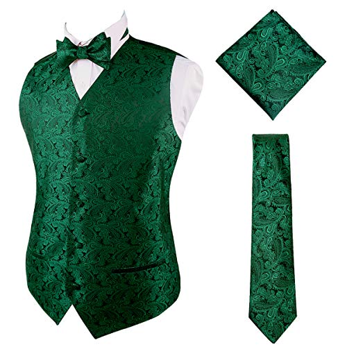 Alizeal Mens Paisley Suit Vest, Self-tied Bow Tie, 3.35inch(8.5cm) Necktie and Pocket Square Set, Dark Green-L