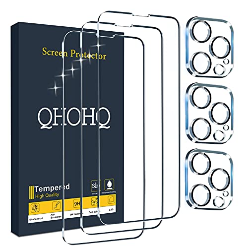 QHOHQ 3 Pack Screen Protector for iPhone 13 Pro Max 6.7' with 3 Pack Tempered Glass Camera Lens Protector, Ultra HD, 9H Hardness, Scratch Resistant, Easy Install - Case Friendly