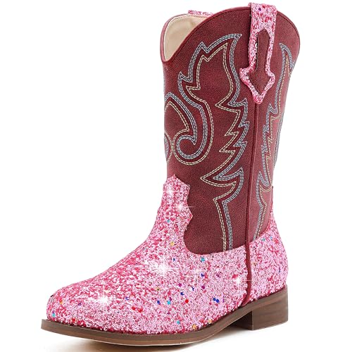 Motasha Girls Cowboy Boots Toddler Girls Boots Unisex-Child Pink Cowgirl Boots For Girls Little Kids Heels Fashion Ankle Western Boots Horseback Riding Boots (M7101 Sequins Pink 10)