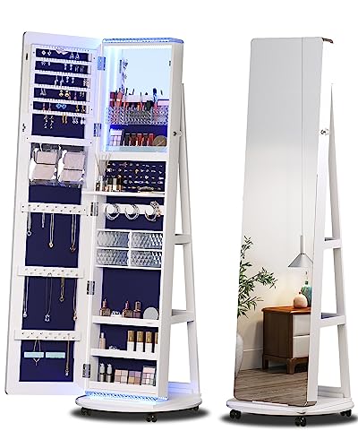 360° Swivel Standing Full Length Mirror Jewelry Cabinet with Lights, Jewelry Armoire Storage with Mirror, Floor Stand up Jewelry Holder Organizer Box with Mirror, Rear Storage Shelves