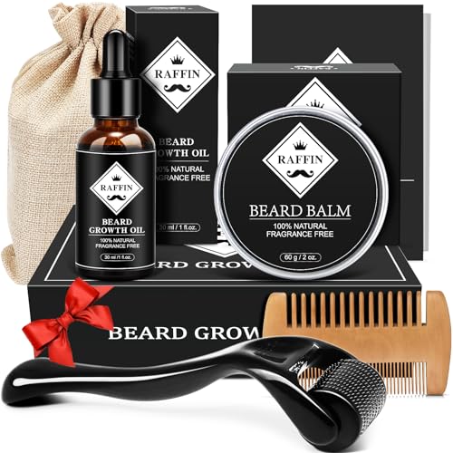 Beard Growth Kit - Beard Kit w/Beard Growth Oil, Beard Balm, 0.25mm Beard Roller, Beard Comb, Beard Kit for Patchy Beard, Unique Anniversary &Birthday Gifts for Him Boyfriend Husband Dad Men