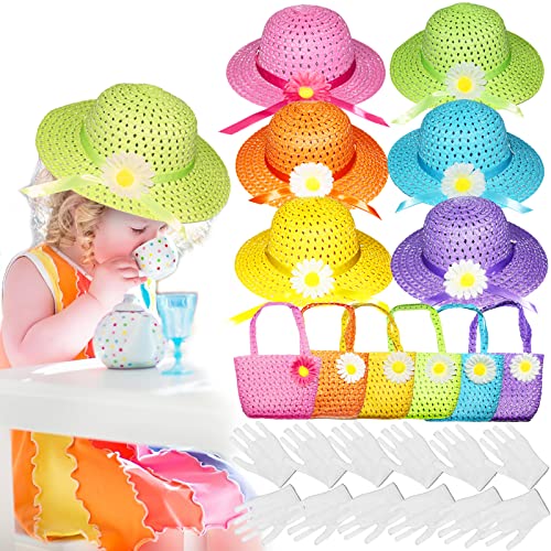Vegove 6 Pcs Girls Tea Party Straw Hats Country Girl Dress Up with Purse, Gloves & Necklace, Children's Summer Beach & Garden Birthday Party Supplies