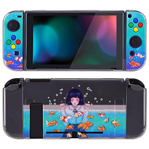 PlayVital Transparent Protective Case for Nintendo Switch, Soft TPU Slim Case Cover for Nintendo Switch Joycon Console with Colorful ABXY Direction Button Caps - Aquarium Girl