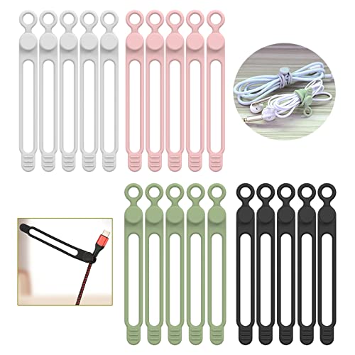 [20Park]UMUST Silicone Cable Ties,Reusable Cable Management Organizer, Multipurpose Elastic Cord Organizer for Bundling and Fastening Cable Cords Wires(black,white,pink,green)