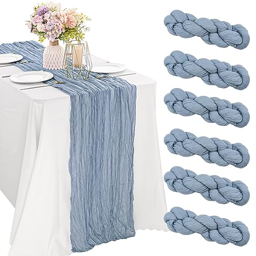 6 Pieces Dusty Blue 10FT Cheesecloth Table Runner Boho Gauze Fabric Table Runner Rustic Sheer Runner for Wedding Birthday Baby Shower Party Boho Table Decoration（Dusty Blue）