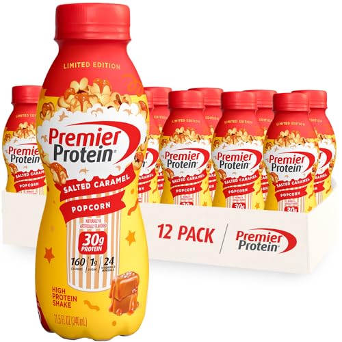 Premier Protein Shake Limited Edition Salted Caramel Popcorn, 30g 1g Sugar 24 Vitamins Minerals Nutrients to Support Immune Health 11.5 fl oz, 12 Pack