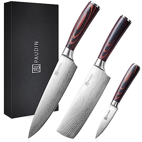 PAUDIN Kitchen Knife Set, 3 Piece High Carbon Stainless Steel Professional Chef Knife Set with Ultra Sharp Blade & Wooden Handle (Kitchen Knife Set 3 Pcs)