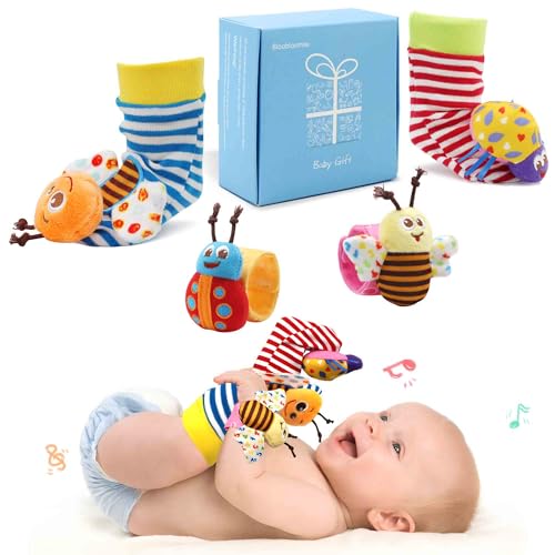 Bloobloomax Baby Rattles Toys for 0-12 Month, Infant Girl Boy Toys for Babies 3-6 Months, Newborn Hand & Foot Toys for 0 to 9 Months, Baby Shower Gifts Set with Wrist Rattle Socks (Light Blue)