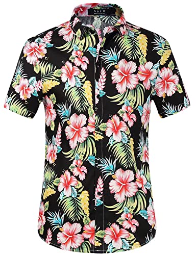 Hawaiian Shirt for Men, Beach Shirts for Men, Tropical Shirts Short Sleeve Floral Casual Button Down (X-Large, Red Hibiscus)
