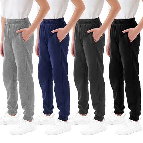 Rolimaka 4 Pack Boys Sweatpants Soft Fleece Lined Youth Basic Athletic Jogger Sweatpants with Pockets Thermal Track Pants L