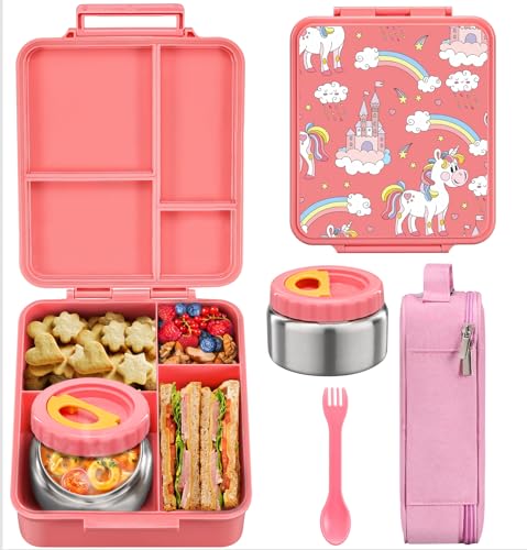 MAISON HUIS Bento Lunch Box for Kids With 8oz Soup Thermo, Leakproof Lunch Compartment Containers with 4 Compartment Bento Box, Thermo Food Jar and Lunch Bag, BPA Free,Travel, School