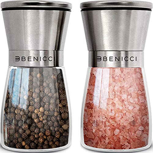 Beautiful Stainless Steel Salt and Pepper Grinder Set of 2 - Pepper Mill & Salt Mill with Adjustable Coarseness - Glass Spice Shakers - Easy Clean Ceramic Grinders w/Spoon & Cleaning Brush