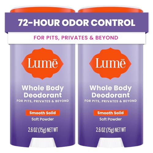 Lume Whole Body Deodorant - Smooth Solid Stick - 72 Hour Odor Control - Aluminum Free, Baking Soda Free and Skin Safe - 2.6 Ounce (Pack of 2) (Soft Powder)