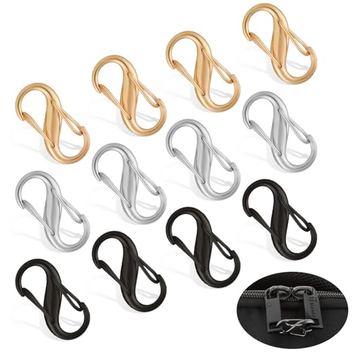 Ouligay 12 Piece Zipper Lock Clips, Backpack Locks Zipper, Replacement Zipper Pulls, Small Dual Opening Spring Clips, Anti-Theft S Small Carabiner Clips for Camping Fishing Traveling Outdoor Sports