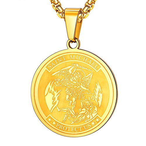 FaithHeart Gold Michael Pendant Necklace for Male, 18K Gold Plated Saint Michael the Archangel Medal Necklace Policemen Jewelry