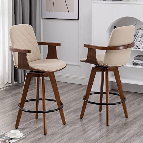 WUPOTO Bar Stools Set of 2, Upholstered Faux Leather Counter Height Bar Stools, Swivel Barstools with Wooden Arms and Legs, 25.6-Inch Seat Height (Beige, Pack of 2)