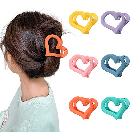 Heart Hair Claw Clips for Women - HAIMEIKANG Floral Medium Large Hair Claws for Long Hair Strong Hold Jaw Hair Clamps for Thin Hair Non Slip Hair Clips Matte Hair Clamps for Medium Thick Hair (6 colors set)