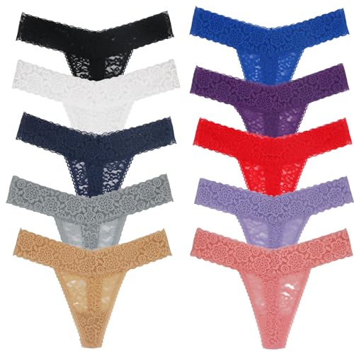 Yuamose Pack of 10 Sexy Lace Women Thongs Underwear T-Back Low Waist Sexy Cheeky Lingerie See-Through Panties Trim Plus Size