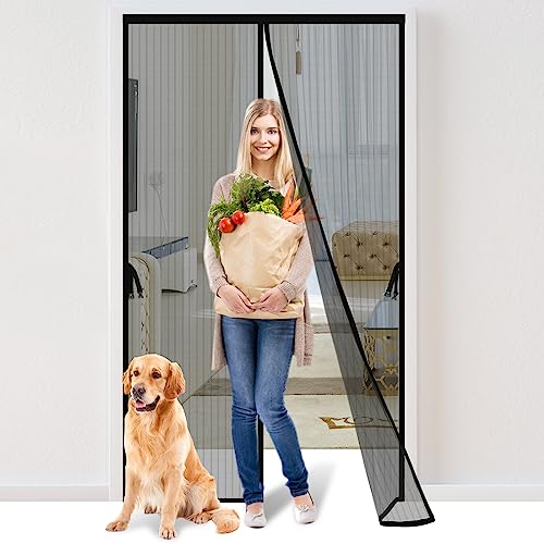 Magnetic Screen Door - Fit for Door Size: 30x80 Inch, Screen Itself Size: 32'x82', Hands Free Mesh Partition,Heavy Duty Screen Door Mesh Curtain Keeps Bugs Out, Frame Hook & Loop, Pet and Kid Friendly