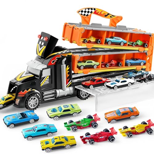 JOYIN Carrier Truck Toys for Kids,5-FT Race Track and 12 Die-Cast Metal Toy Cars, Racing Car with Lights & Sounds, Truck Toy Gift for 2 3 4 5 Years Old Boys and Girls