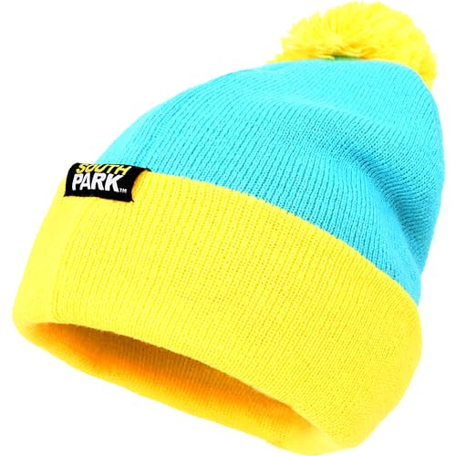 South Park Cartman Cosplay Knitted Acrylic Winter Beanie Hat with Pom Pom, Turquoise/Yellow, One Size