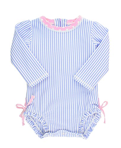 RuffleButts Baby/Toddler Girls Long Sleeve One Piece Swimsuit - Blue Seersucker with UPF 50+ Sun Protection - 6-12m