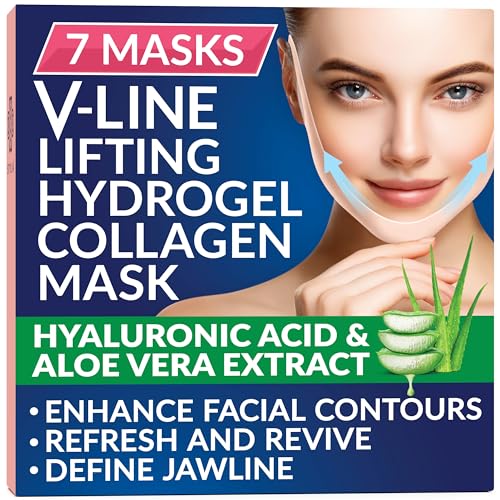 Stylia Double Chin Mask - V Line Chin Strap - Toning Hydrogel Collagen Face Mask with Hyaluronic Acid & Aloe Vera - 7PC