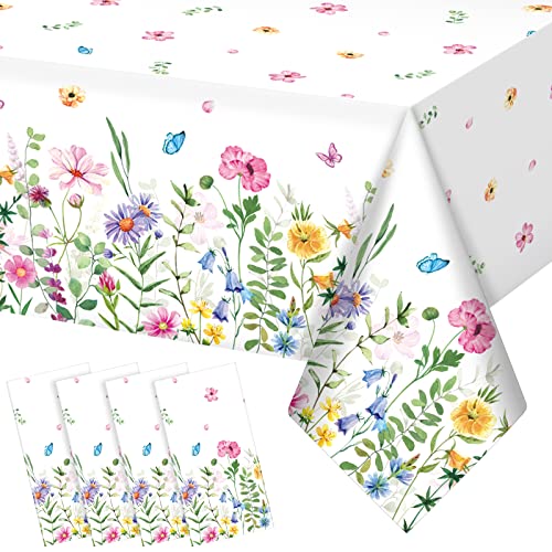 4Pcs Spring Floral Plastic Tablecloth,Pink Purple Blue Flower Butterfly Disposable Table Cover for Home Decor Summer Spring Picnic Dining Holiday Weeding Birthday Tea Party Decorations,54x108 Inch