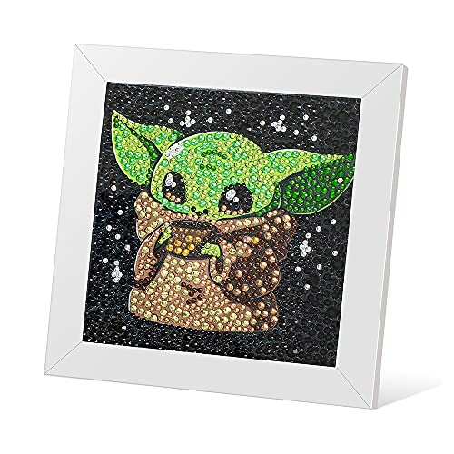 AllWenTo 5D Diamond Painting Kit for Kids with Wooden Frame Easy Small Anime Diamond Painting Full Drill Diamond Art Gem Painting for Beginners 7X7 inch (Baby Yoda)