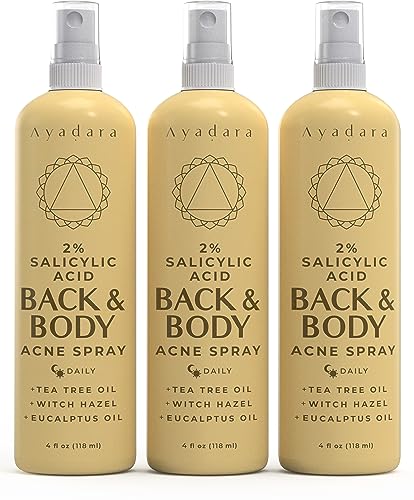 Acne Treatment Body Spray with 2% Salicylic Acid, Cystic Back Acne Treatment Spray ,Tea Tree Chest, Butt and Body Acne Spray for Hormonal Acne, Bacne Treatment for Teens Adults, 3-Pack