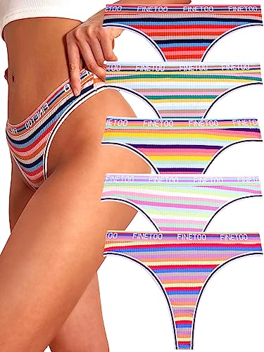 FINETOO Cotton Thongs for Women Sexy Soft Breathable Thong Underwear Low Rise Colorful Stripes Hipster Panties 5 PacK (5AXL)
