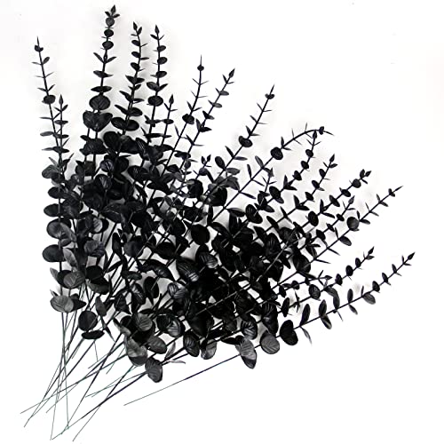 Tinsow 26 Pcs Black Artificial Eucalyptus Stems Faux Halloween Flowers Eucalyptuses Real Touch Leaf Centerpiece Home Decor (26, Black)