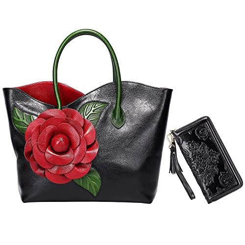 PIJUSHI Designer Genuine Leather Purses and Handbags for Women Top Handle Satchel Flower Handbag Bundle with Women Floral Wristlet Wallet Card Holder Purse