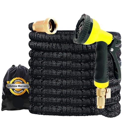 J&B XpandaHose 75ft Expandable Garden Hose with Holder - Heavy Duty Superior Strength 3750D - 4 -Layer Latex Core - Extra Strong Brass Connectors and 10 Spray Nozzle w/Storage Bag (Black 75)
