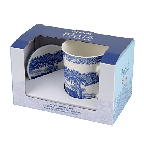 Spode Blue Italian Mug & Coaster Set | 12-Ounce | Large Handle | Use for Coffee, Tea, Latte, and Hot Chocolate | Made of Fine Porcelain | Dishwasher and Microwave Safe