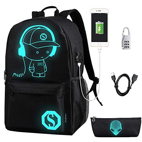 FLYMEI Bookbags for Teen Boys, Anime Cartoon Luminous Backpack with USB Charging Port, 17 Inch Laptop Backpack for Men, School Backpack for Girls/Boys, Cool Anime Backpack, Black