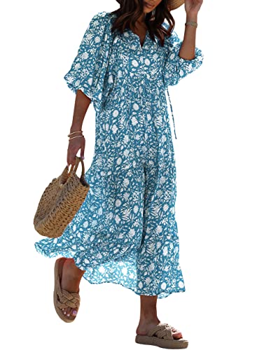 miduo Womens Maxi Dress Spring Fashion Casual V Neck Short Half Sleeve Flower Pattern Boho Beachwear Long Maxi Floor Dresses M