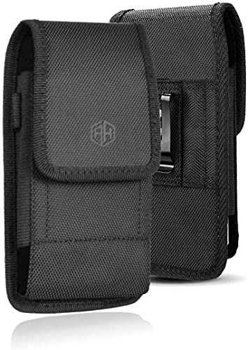 AH Military Grade Phone Pouch Cell Phone Carrier Holster Men Cell Phone Belt Holder, Compatible w/ [iPhone iPhone 12 Mini SE 5 5S 5C Samsung J1 J3 LG K7 K10 & More] fits Defender/Thick Heavy Duty Case