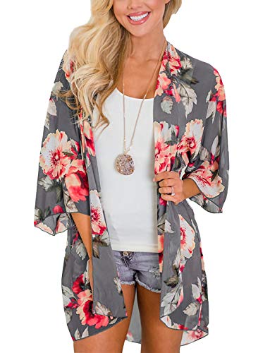 Women's Chiffon Kimono Cardigans Summer Floral Beach Boho Open Front Cover Ups Tops Casual Loose Wraps Gray S