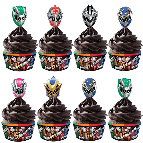 Treasures Gifted 24ct Power Rangers Cupcake Toppers & Wrappers - Officially Licensed Power Rangers Birthday Party Supplies - Power Rangers Cake Decorations - Power Rangers Cake Toppers