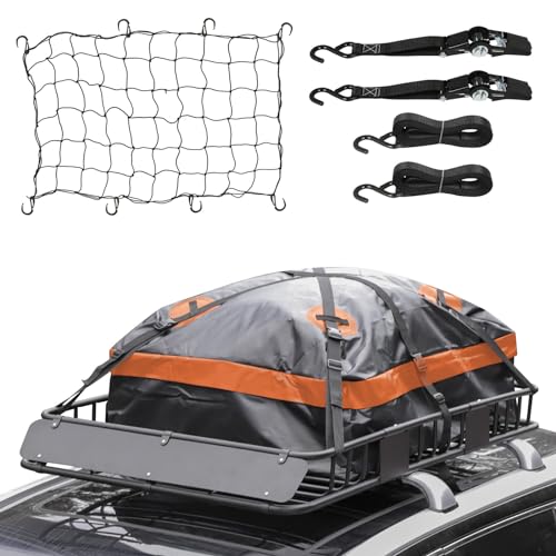 WEIZE 54' x 34' Heavy Duty Roof Rack, Rooftop Cargo Carrier Basket with Waterproof Bag, Tie Down Strap, Net, Rack Extension and Car Top Luggage Holder for SUV, 150lb Capacity, Steel Construction