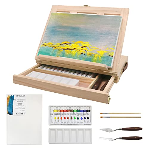 LUCYCAZ Tabletop Easel Set - Easel for Painting Canvases, Painting Easel Kits for Kids and Adults with Wood Canvas Stand, 12 Colors Acrylic Paints, 2 Brushes, Plastic Palette and Palette Knives