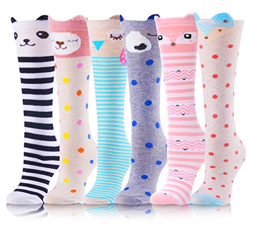 ANTSANG Kids Girls Knee High Socks Long Boot Crazy Silly Fun Gift Cute Tall Animal Socks for Child 6 Pairs Stocking Stuffers Gifts for 10 Year Old Girls Birthday Gifts Ideas(Fun Animal)