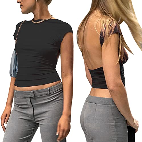 ForeFair Women Sexy Backless Top Open Back Short Sleeve Shirts Cute Slim Fit Crewneck Summer Casual Y2K Tops（Black,S）