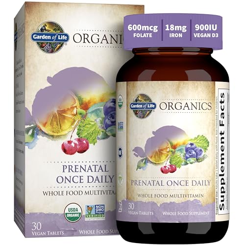 Garden of Life Organics Prenatal Vitamin: Folate for Energy & Healthy Fetal Development, Non-constipating Iron, Vitamin C, B6, B12, D3 – Organic, Non-GMO, Gluten-Free, Vegan, 30 Day Supply