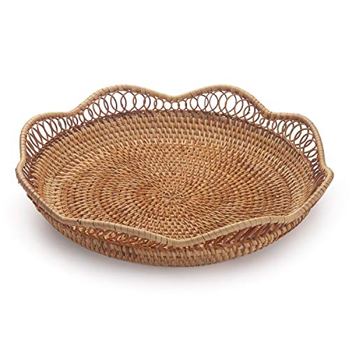 Rattan Fruit Basket for Serving Woven Bread Tray for Cake Kitchen Counter Table Natural (11.8inch D x 3.5inch H)